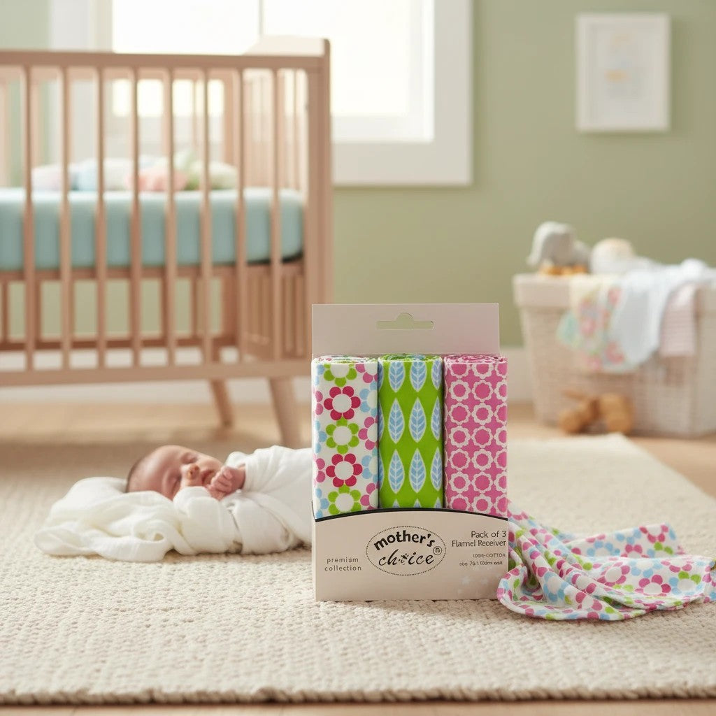 Stork And Baby Mothers Choice 3-pack floral cotton receiving blankets in a nursery with a sleeping baby.