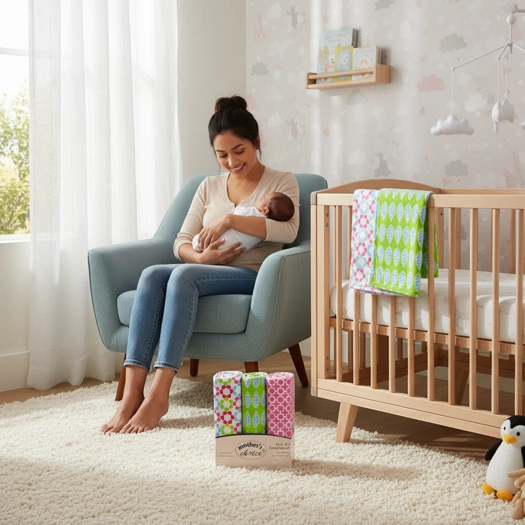 Stork And Baby Mothers Choice 3 pack floral cotton receiving blankets in a nursery with a mother holding her baby.