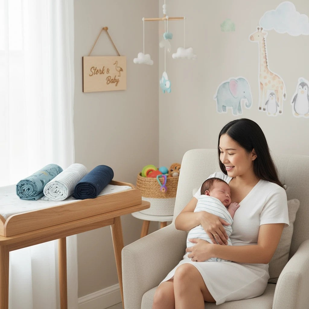 Stork And Baby mother holding a newborn swaddled in a Mothers Choice grey dinosaur flannel receiver in a nursery