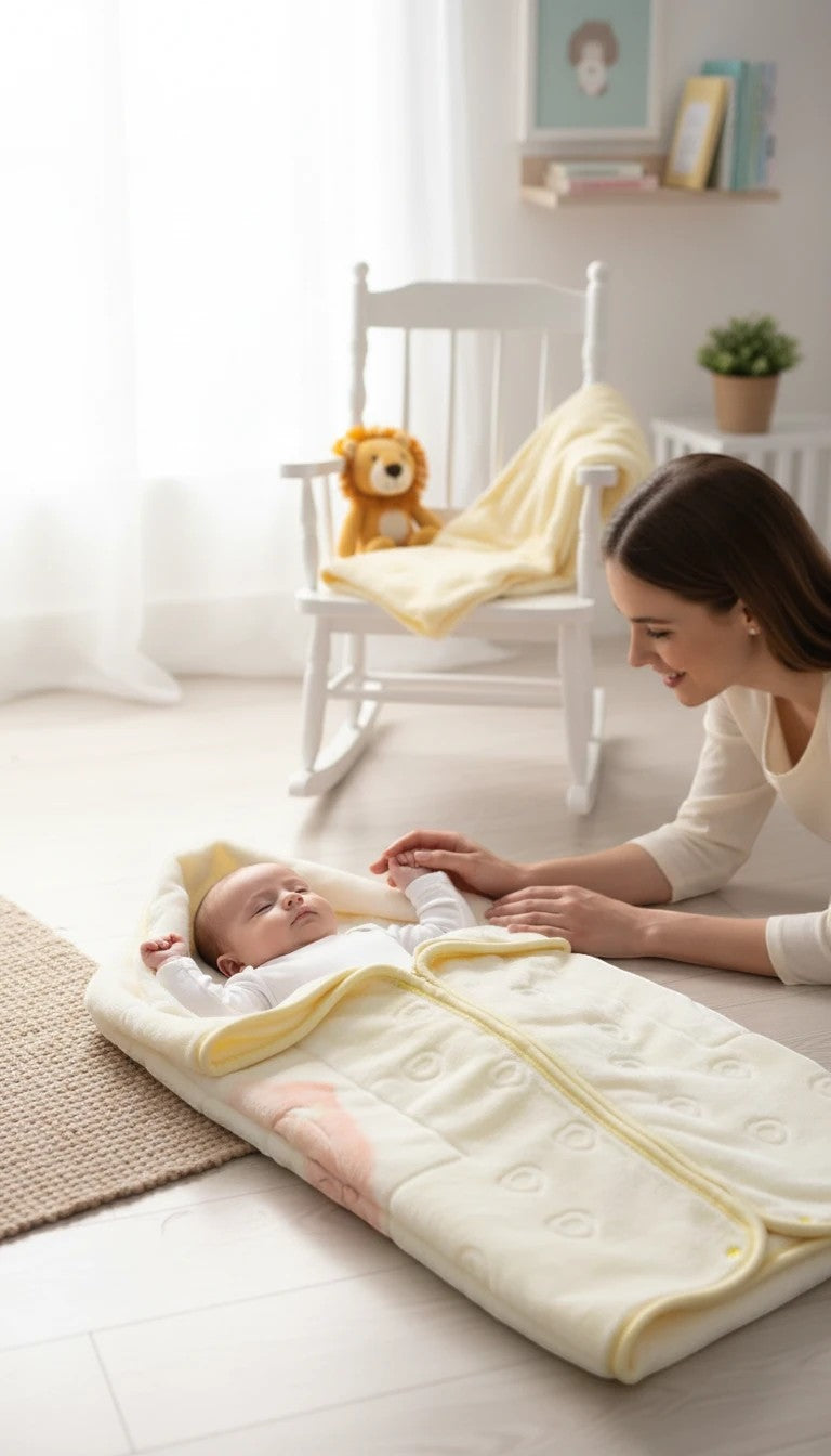 Stork And Baby Mothers Choice infant baby sac in soft cream, keeping a newborn cozy on a nursery floor.