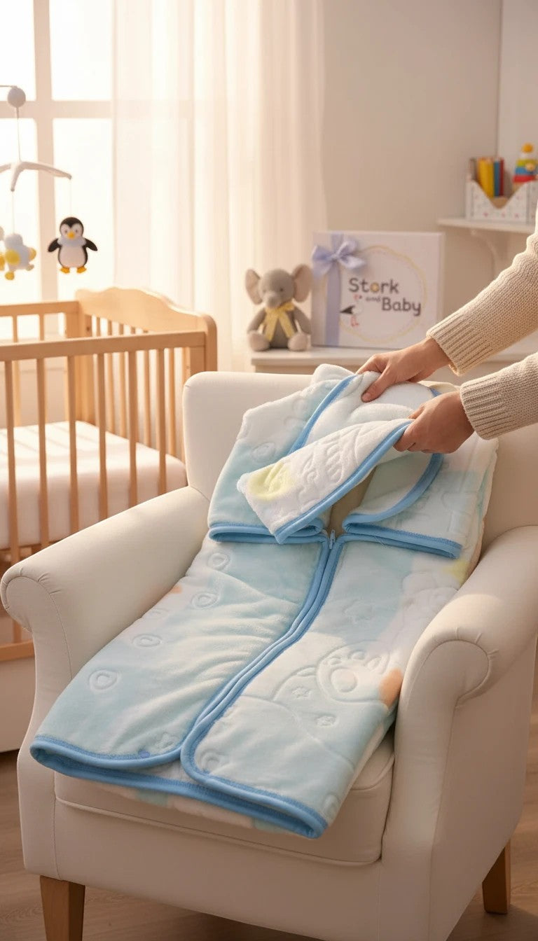 Stork And Baby Mothers Choice infant baby sac in soft blue and white with a cozy zip-up design for nursery comfort.