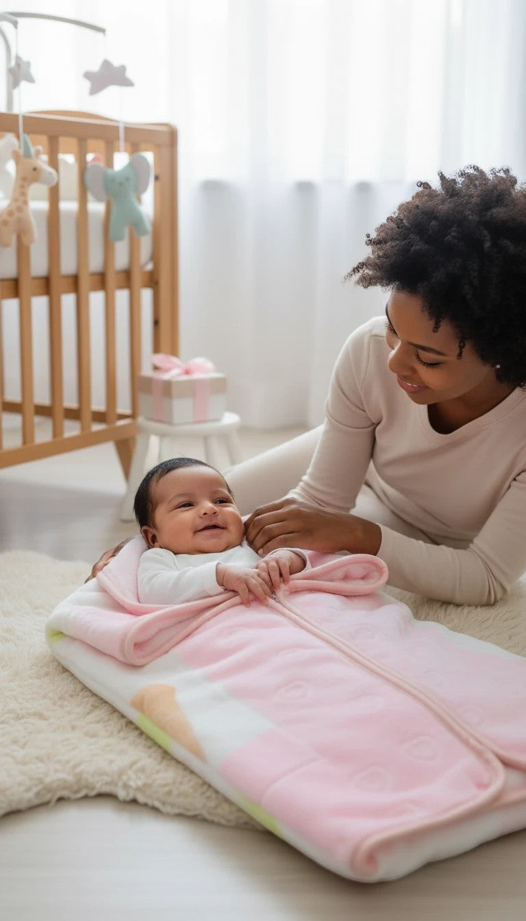 Stork And Baby Mothers Choice infant baby sac in soft pink and white, keeping a smiling baby cozy in a nursery setting.