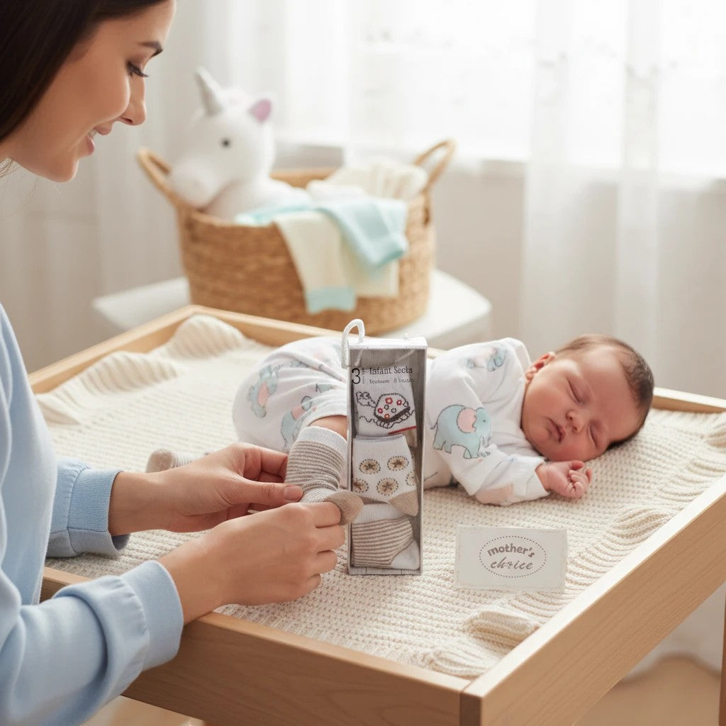 Stork And Baby Mothers Choice 3 pack infant socks, 0-6 months, cotton blend, tortoise and elephant print