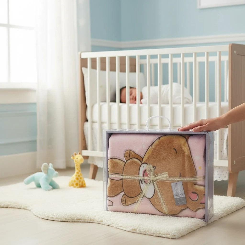 Stork And Baby Mothers Choice pink infants cutwork blanket with bear design in clear gift packaging in a nursery.