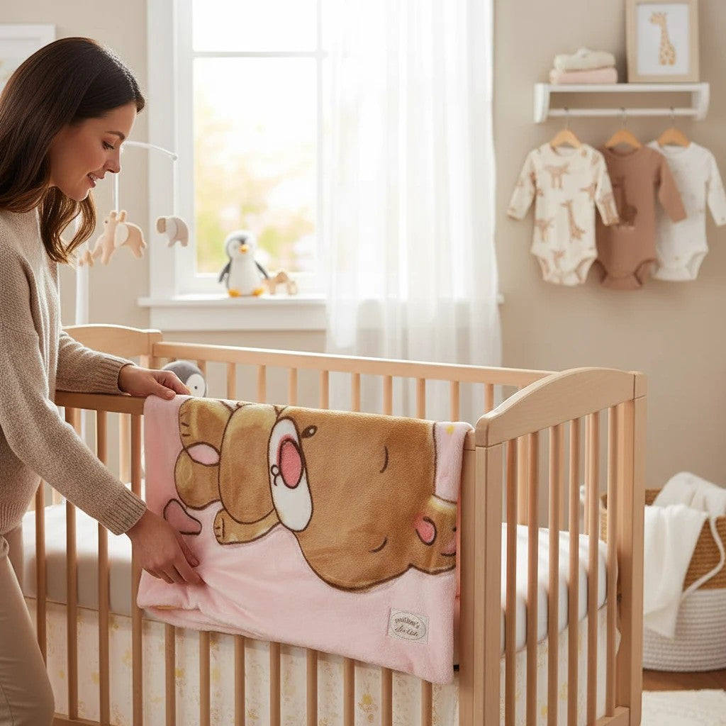 Stork And Baby Mothers Choice pink infants cutwork blanket with a cute bear design, draped over a wooden baby cot.
