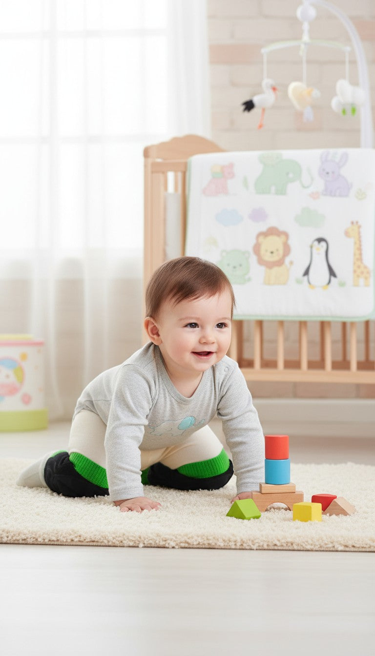 Stork And Baby Mothers Choice Knee Guards in green and navy, designed for crawling babies.