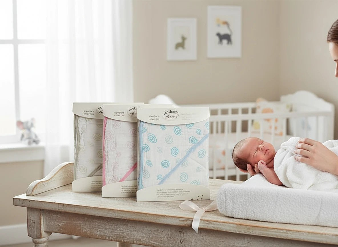 Stork And Baby Mothers Choice cotton muslin hooded receivers in blue, pink, and grey with a newborn in a nursery.
