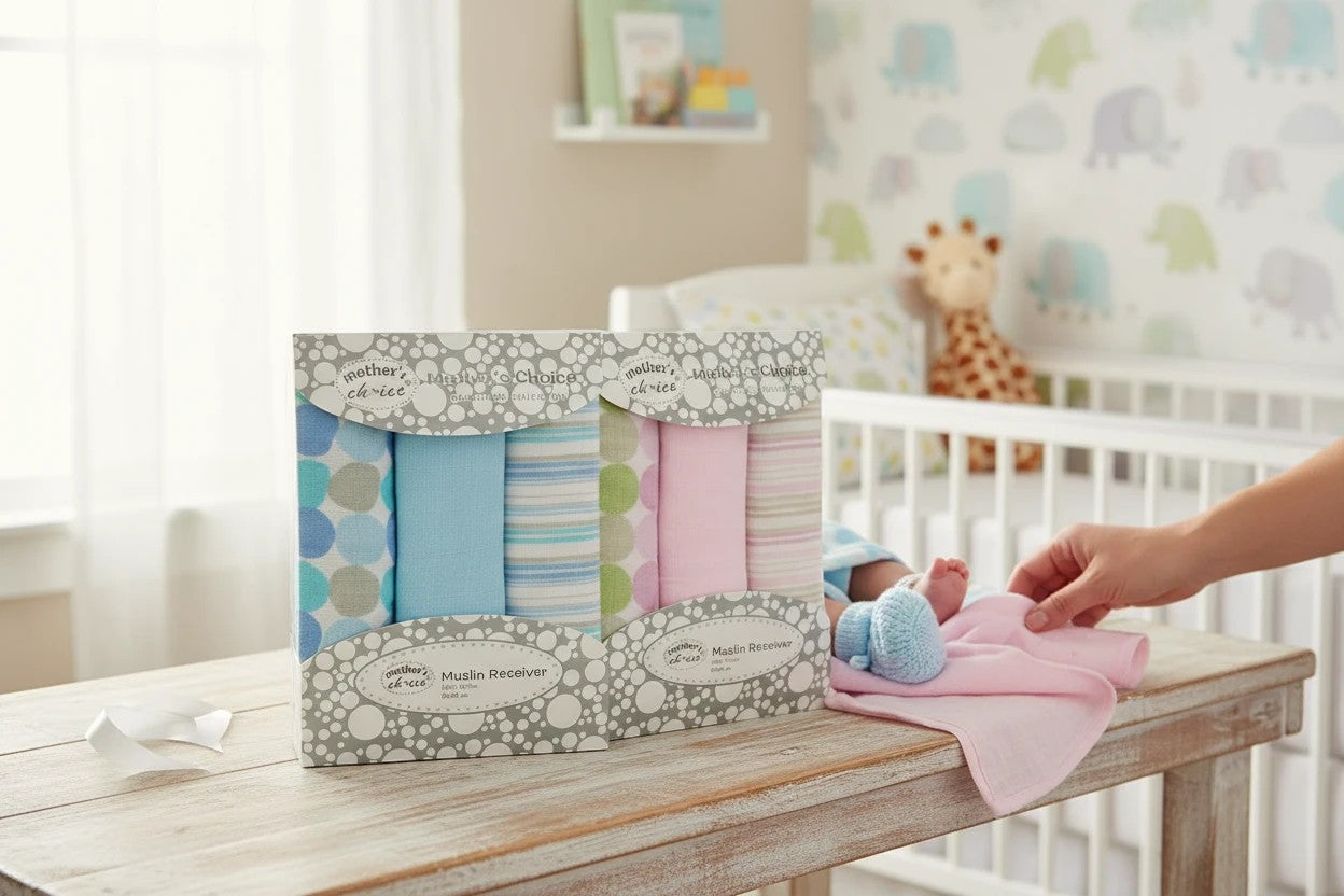 Stork And Baby Mothers Choice 3 pack muslin wraps in blue and pink patterns on a wooden table in a nursery.