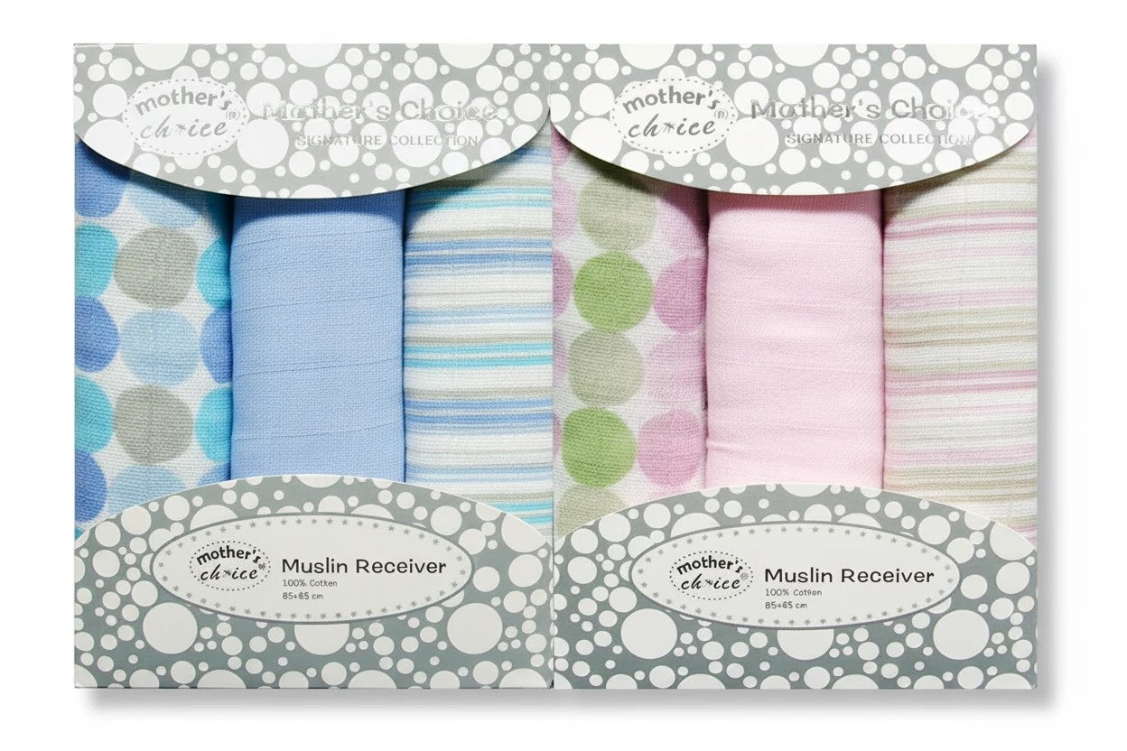 Stork And Baby Mothers Choice 3 pack cotton muslin wraps in assorted blue, pink, and green polka dot and stripe prints.