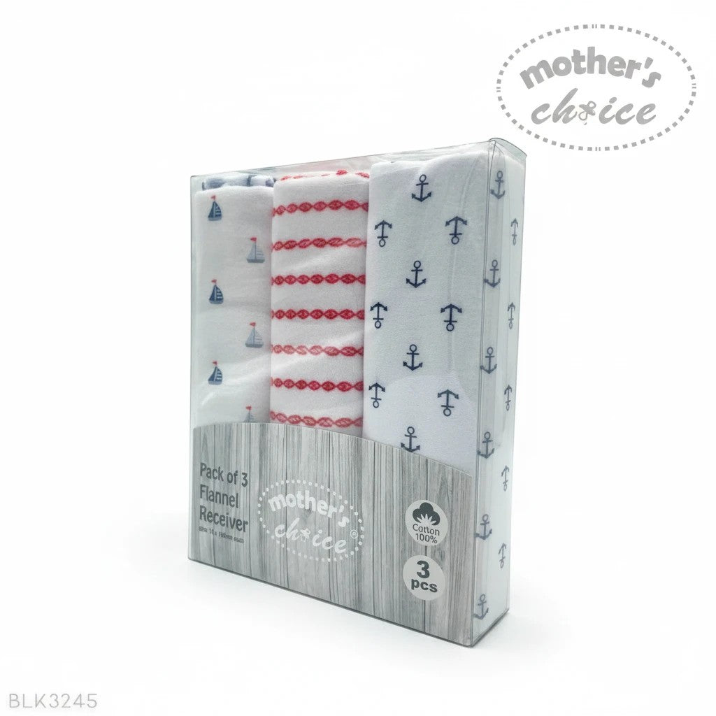 Stork And Baby Mothers Choice 3-pack flannel baby receiver blankets with nautical sailboat, stripe, and anchor prints.