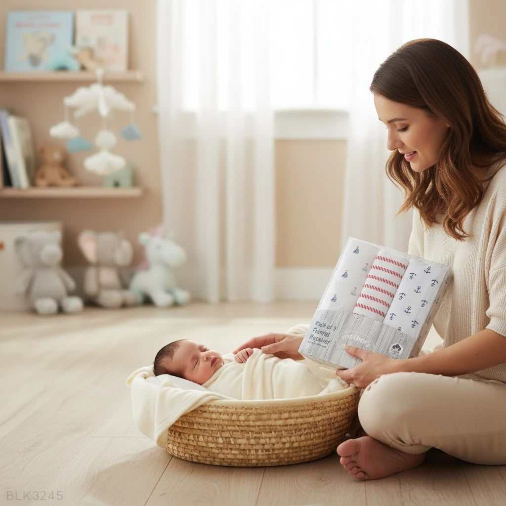 Stork And Baby Mothers Choice flannel baby receivers in nautical prints, held by a mother beside a sleeping newborn.