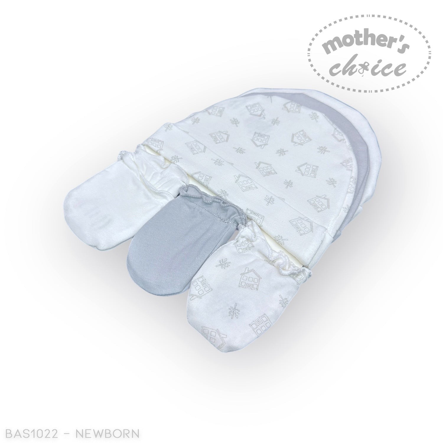 Stork And Baby Mothers Choice 3 pack newborn hats and mittens in white and grey with house pattern. Soft cotton blend.