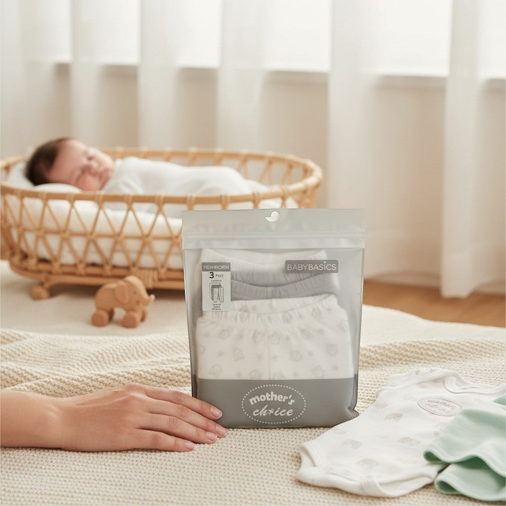Stork And Baby Mothers Choice 3 pack newborn open feet leggings in white and grey with subtle patterns.