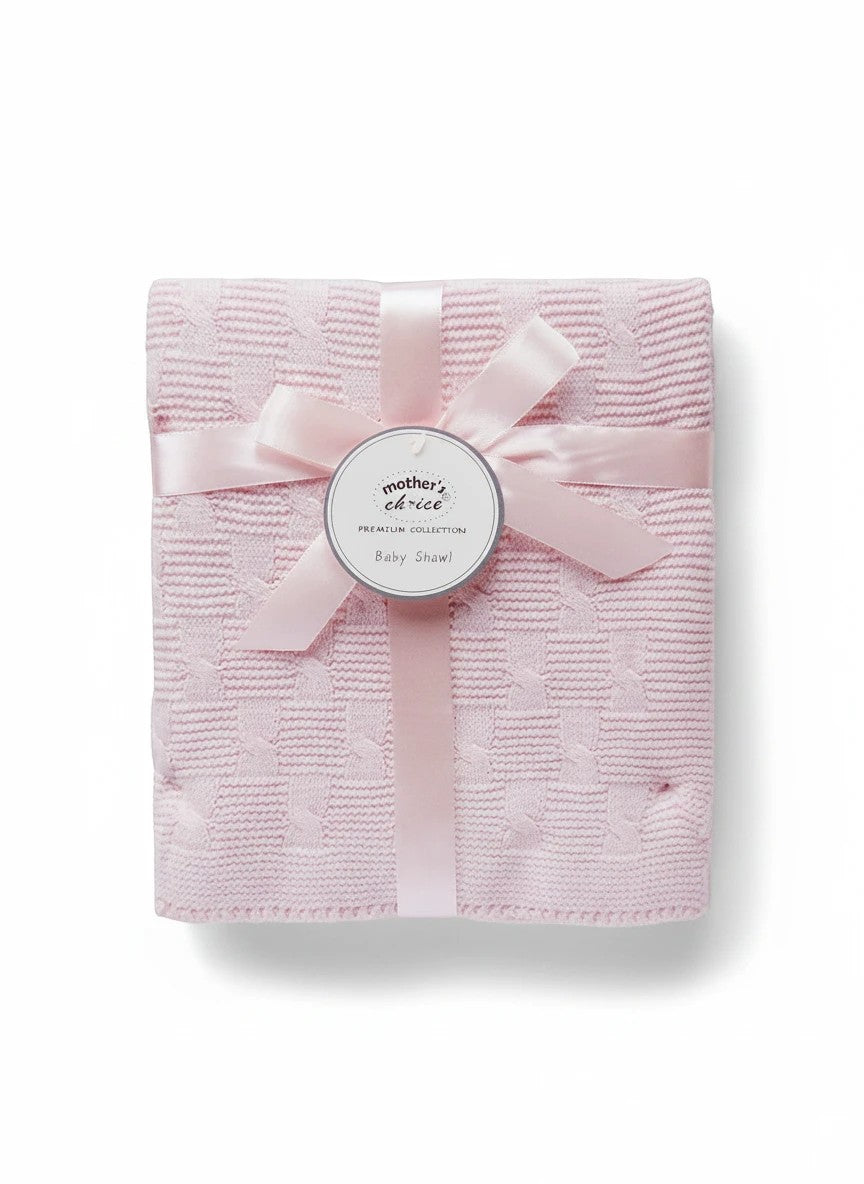 Stork And Baby Mothers Choice soft pink knitted baby shawl with cable pattern, tied with a satin ribbon.