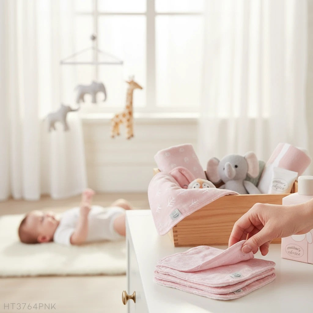 Stork And Baby Mothers Choice pink bamboo 3 pack facecloths with white leaf pattern. Gift box.