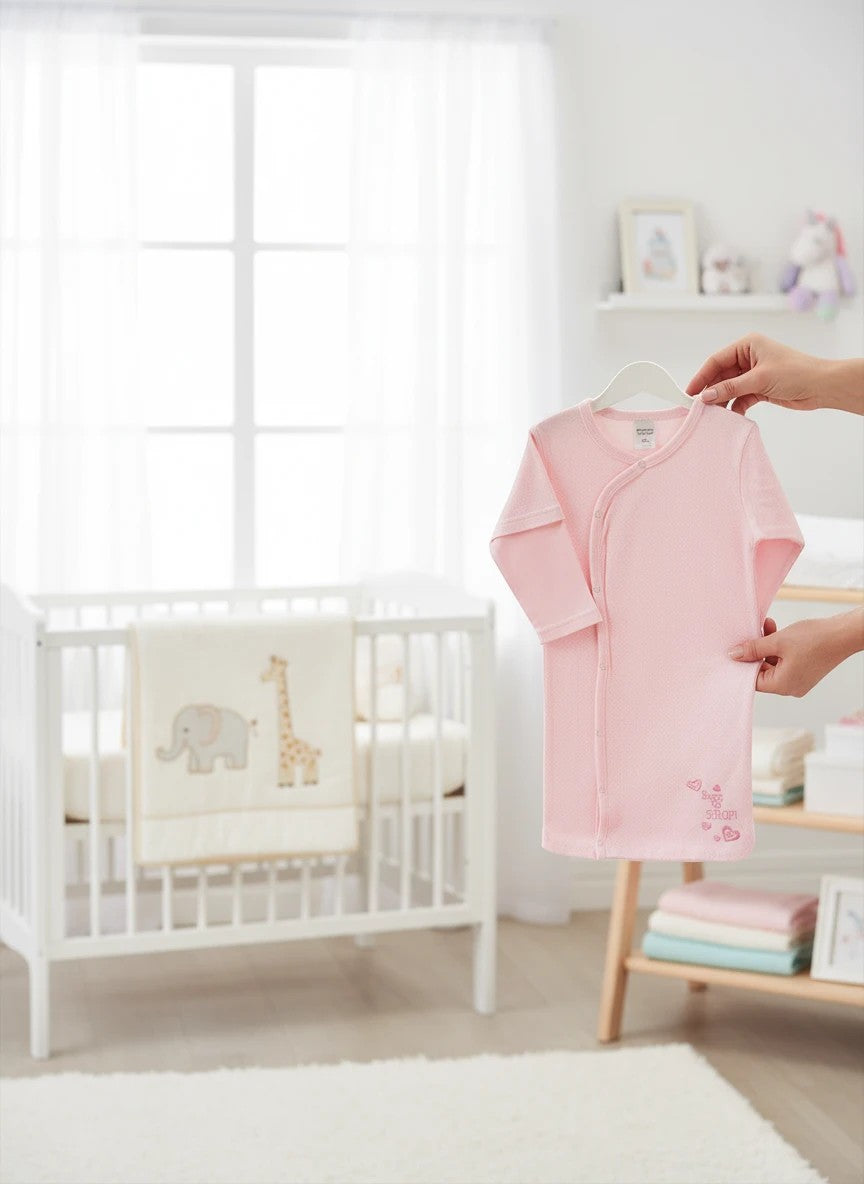 Stork And Baby Mothers Choice pink cotton baby sleeping bag with Born To Shop embroidery in a cozy nursery setting.