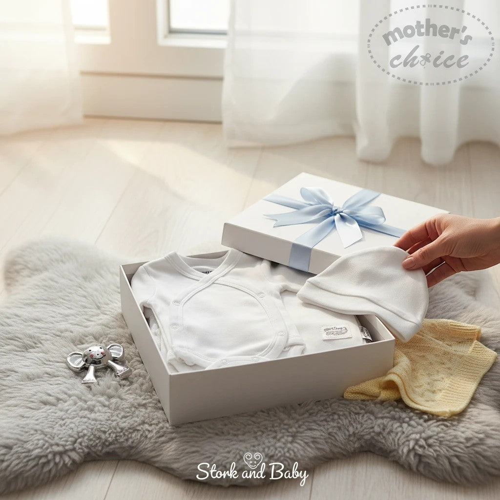 Mothers Choice White Preemie 3 Piece Set, including a wrap bodysuit, hat, and booties, presented in a gift box.