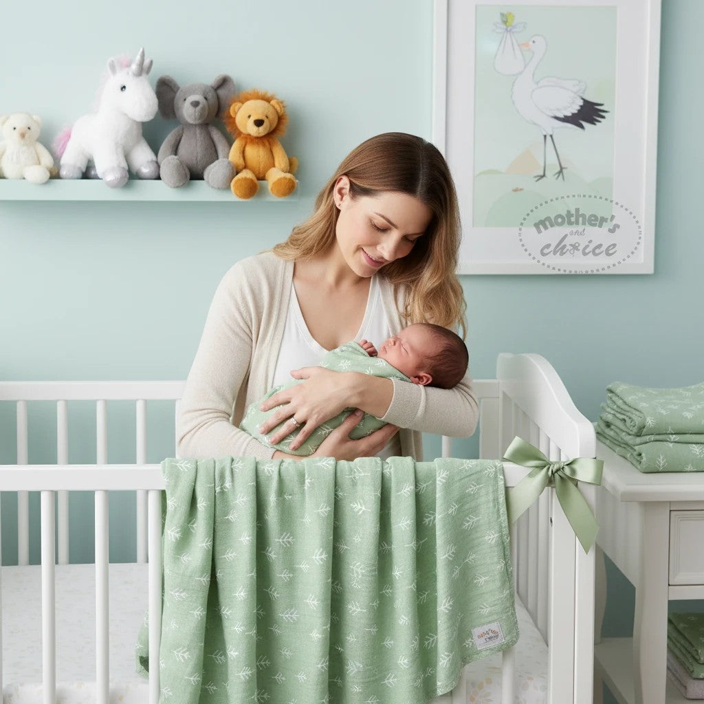 Stork And Baby Mothers Choice sage green bamboo cotton muslin wrap with white leaf print. Woman holding baby.