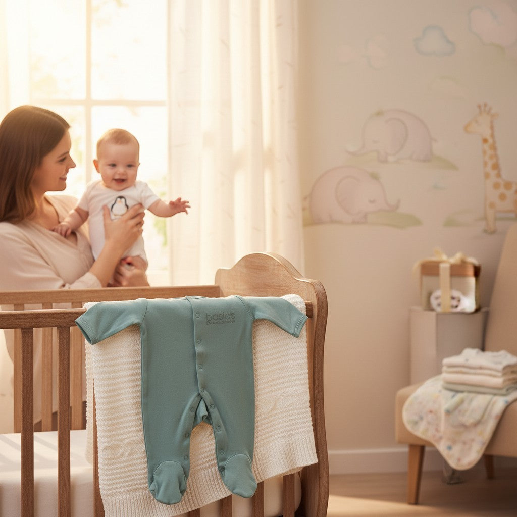 Mothers Choice 100% Cotton Interlock Grower Sage baby grow with footies and snap closure. Soft, breathable, and calming.