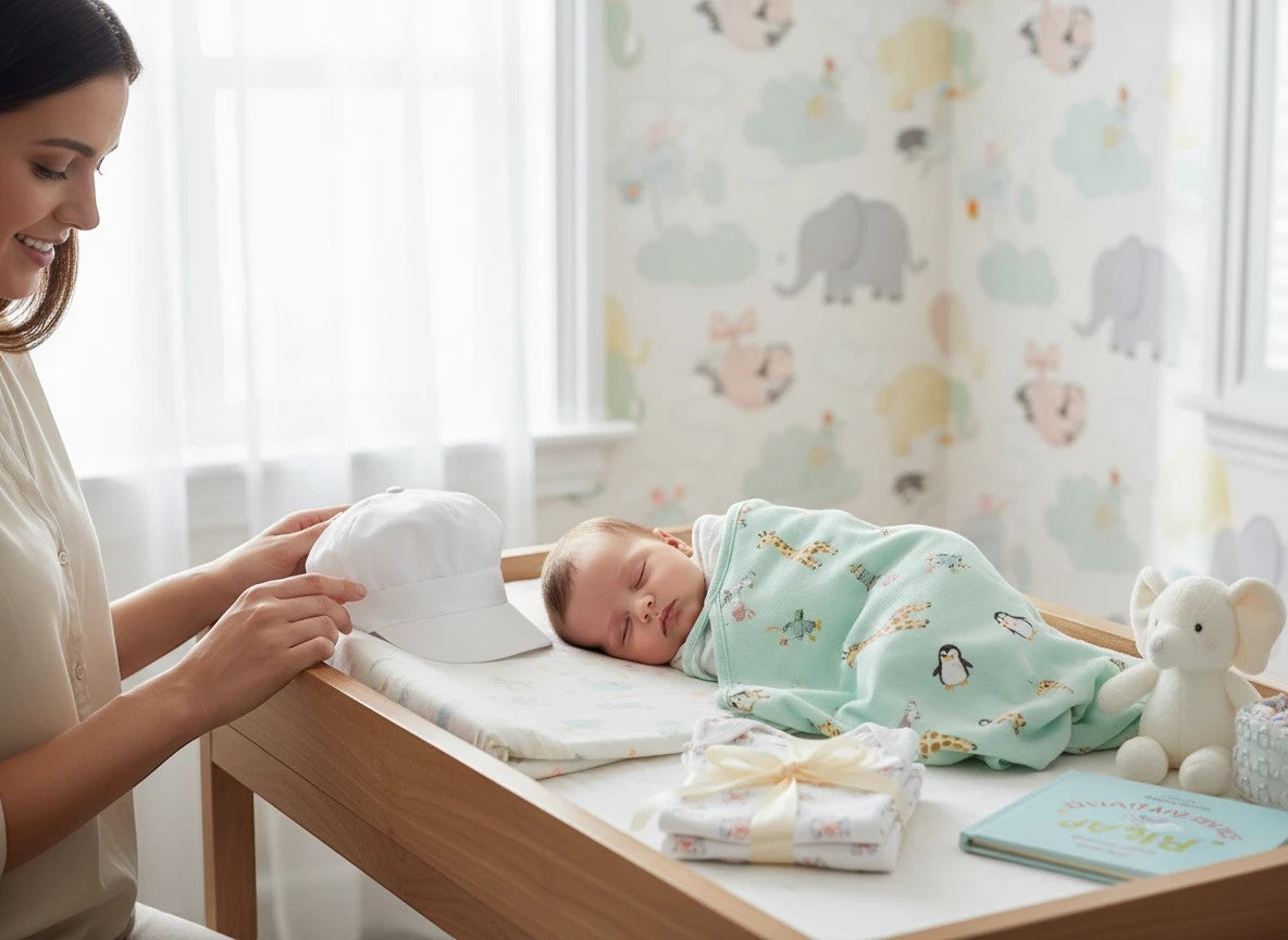 Stork And Baby Mother's Choice white satin baby cap held by a mother next to a sleeping newborn in a nursery