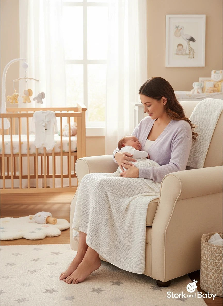 Stork And Baby Mothers Choice white acrylic baby shawl draped over a mother holding her newborn in a nursery chair.