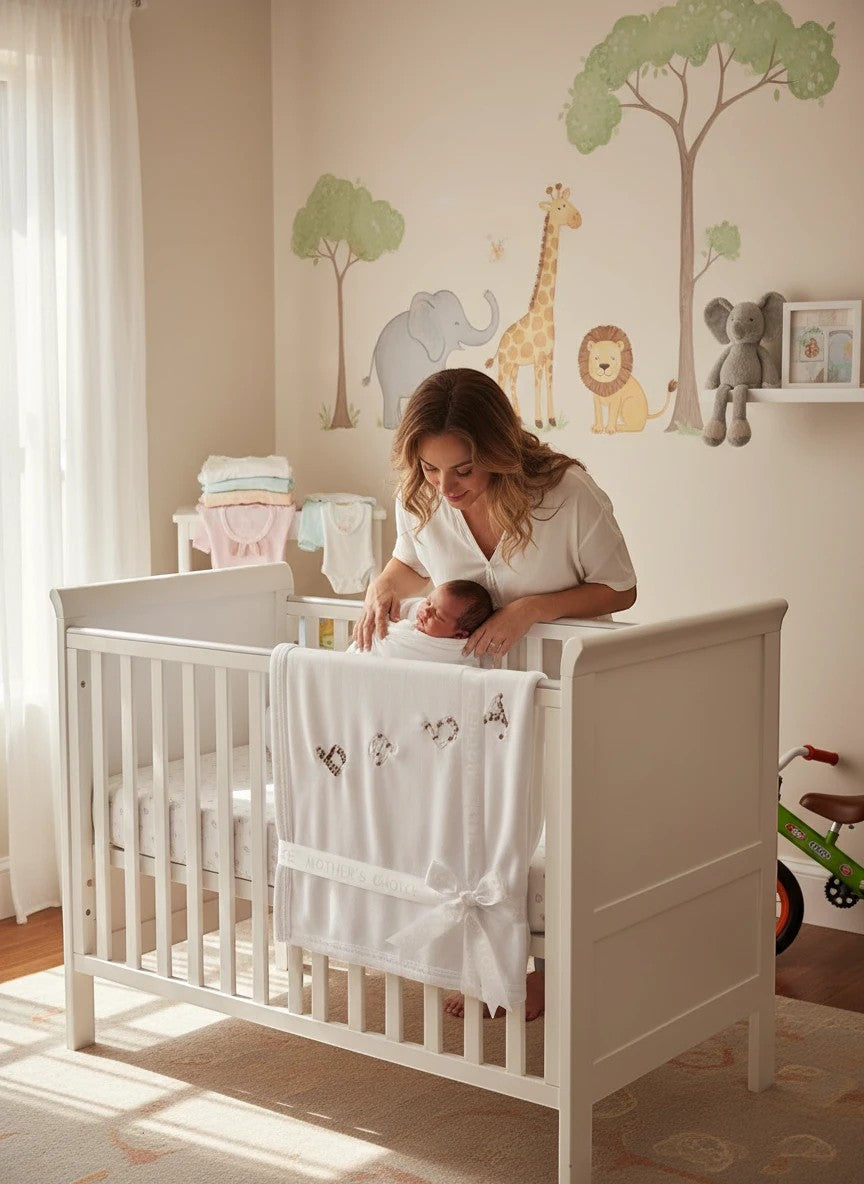 Stork And Baby Mothers Choice white cotton jersey baby wrap draped over a crib with a mother and newborn inside.