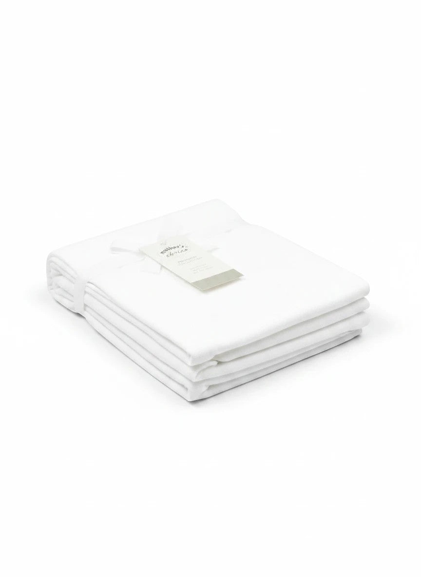 Stork And Baby Mothers Choice white 100% cotton receiving blanket folded neatly with a product tag on a white background