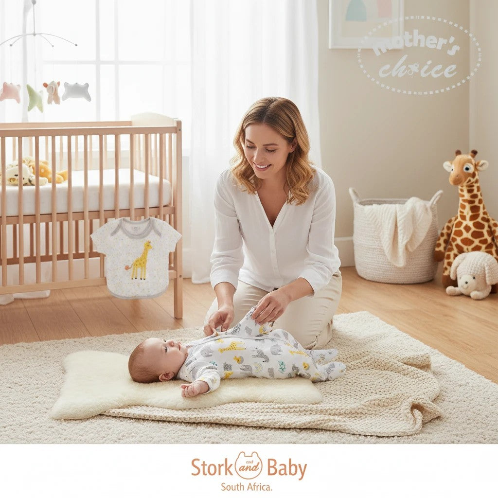 Stork and Baby 5 piece starter pack with multi zoo print bodysuit, hat, mittens, bib and grower for newborns.