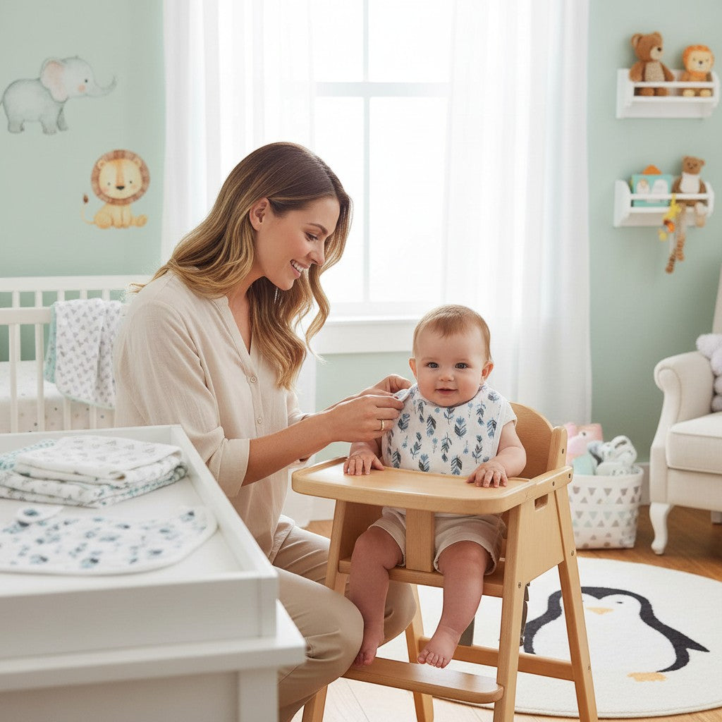 Stork And Baby 2 pack muslin bibs with blue feather print, soft and breathable for baby.