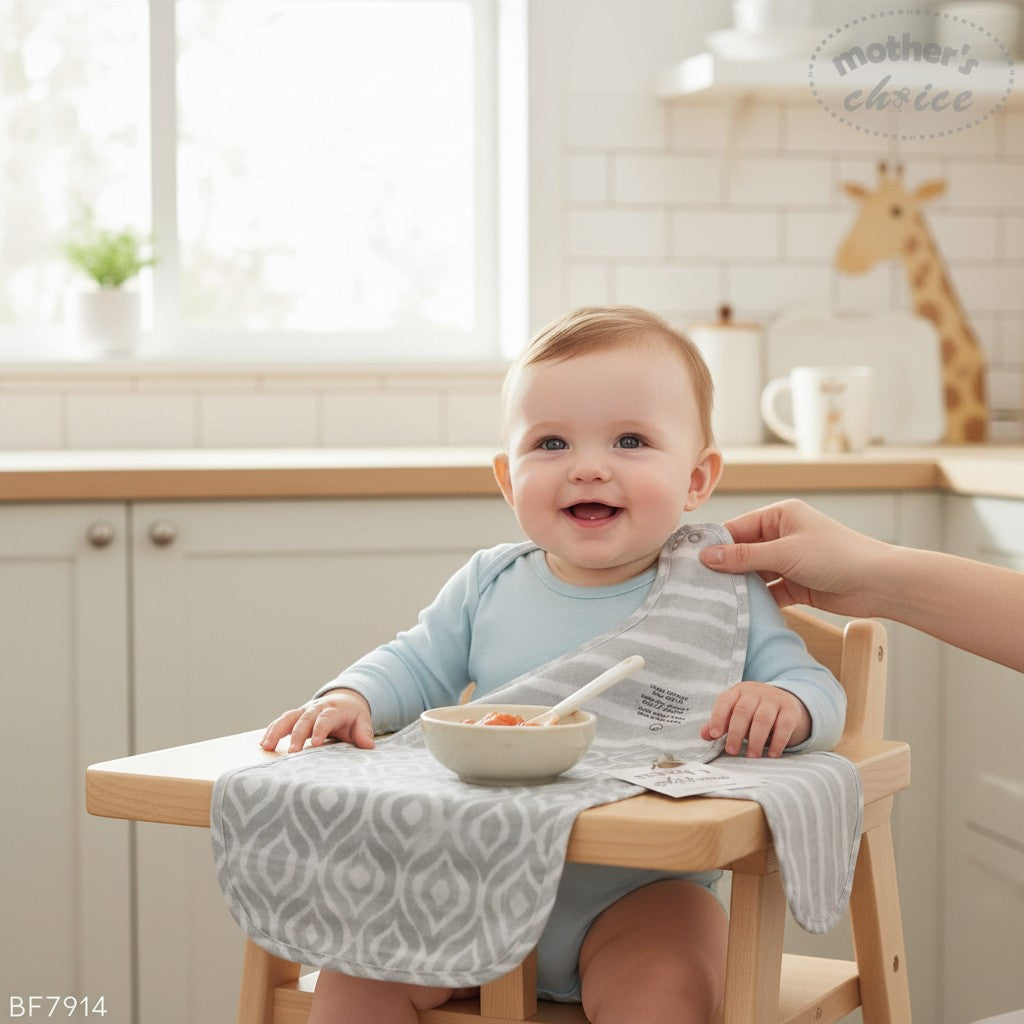 Stork And Baby Mothers Choice 2 pack grey muslin bibs for baby feeding time. Soft, breathable fabric.