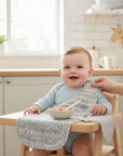 Stork And Baby Mothers Choice 2 pack grey muslin bibs for baby feeding time. Soft, breathable fabric.