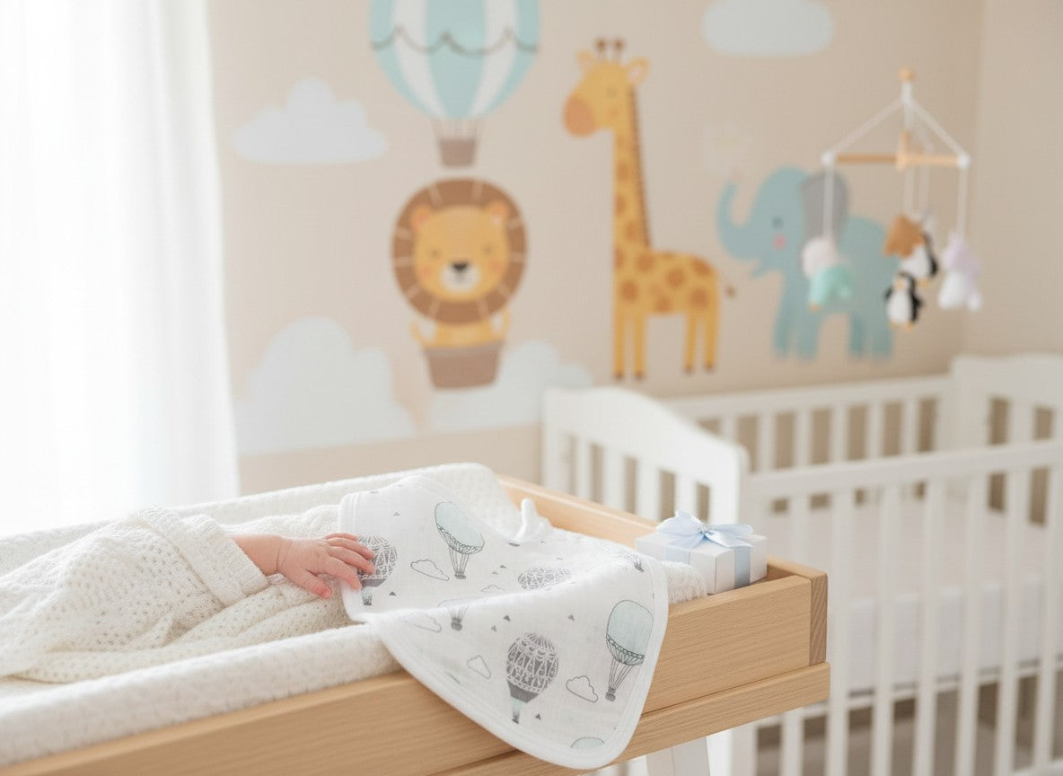Stork And Baby 2 pack muslin bibs with hot air balloon print. Soft, breathable, and absorbent for baby.