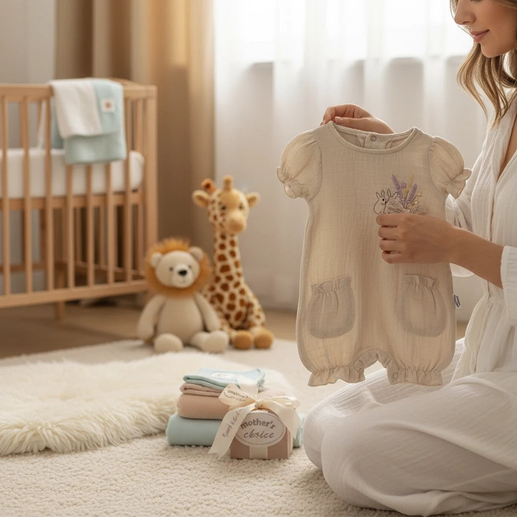 Stork And Baby beige muslin romper with embroidered bunny and lavender, featuring ruffled pockets and sleeves.