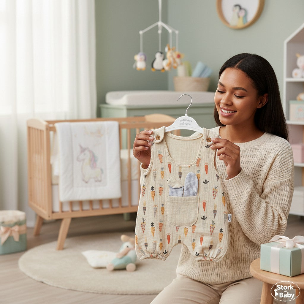 Stork And Baby beige muslin romper with carrot print and bunny ear pocket detail. Shortalls for baby boys.
