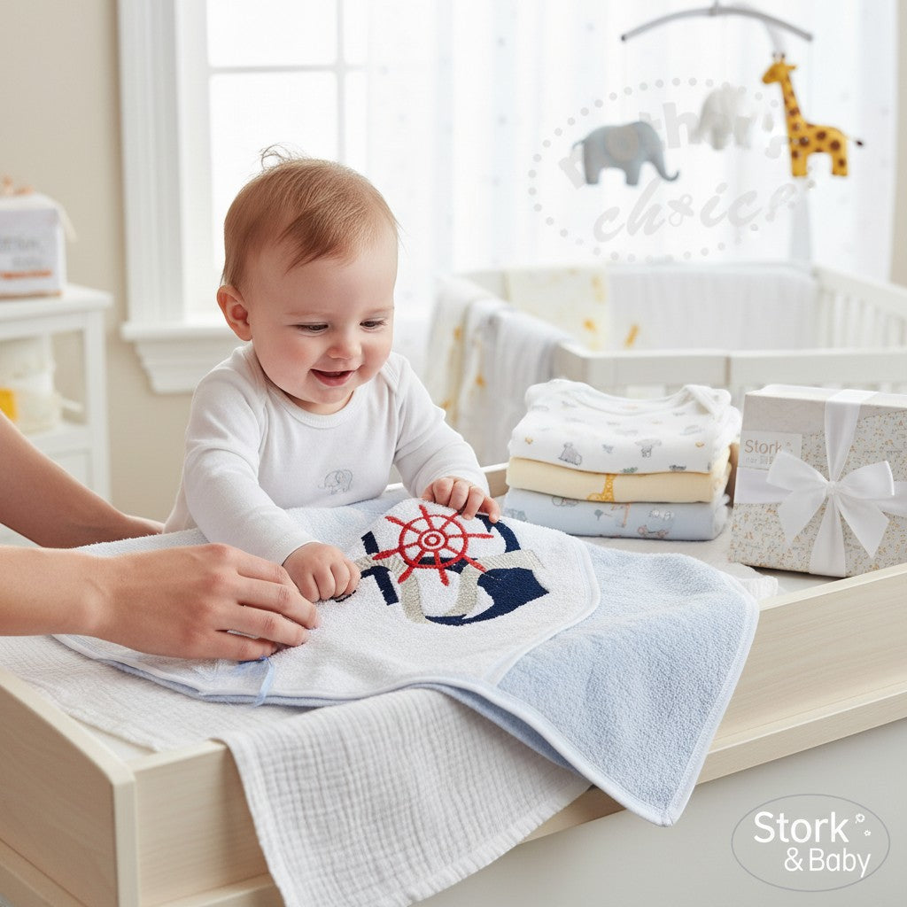 Stork & Baby nautical hooded towel and facecloth set in white and light blue with embroidered ship wheel and anchor.