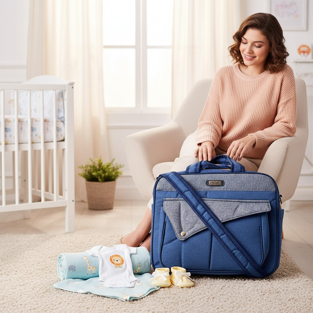 Stork And Baby Mothers Choice Navy Combo Nappy Bag with organized compartments, baby clothes, and booties.