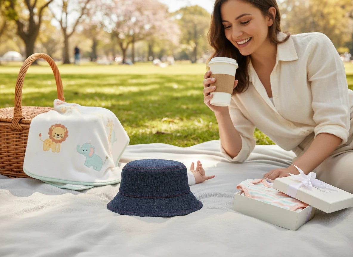Stork And Baby navy blue round denim bucket hat with red stitching detail, perfect for babies.