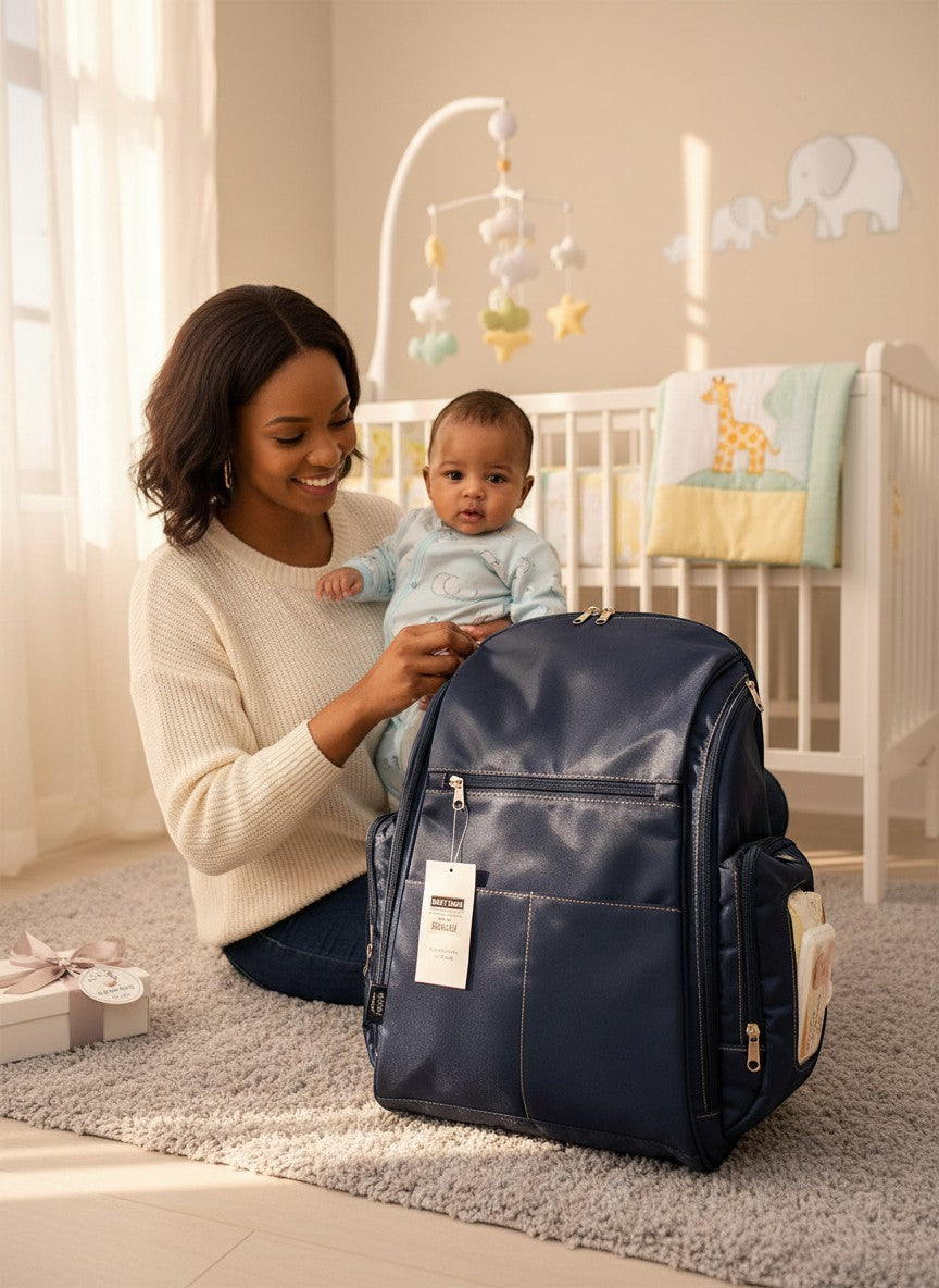 Stork And Baby navy blue faux leather diaper backpack with multiple compartments and side pockets, held by a smiling mother with her baby.
