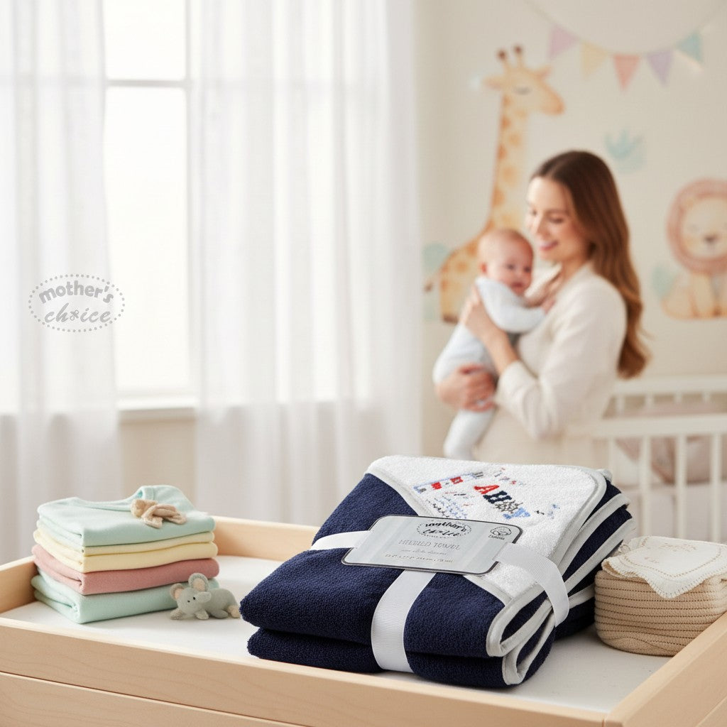 Stork And Baby navy sailor hooded towel made of 100% cotton with embroidered details. Soft and absorbent for babies.