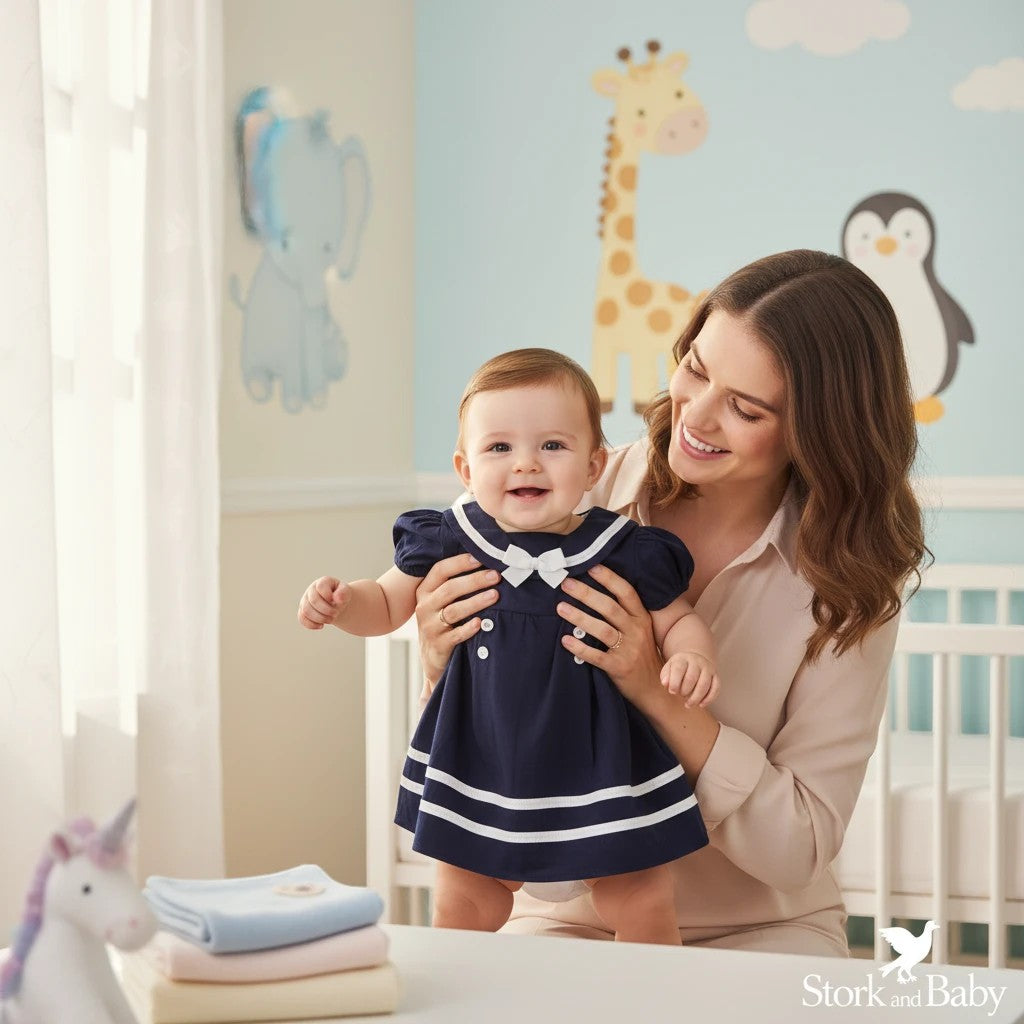 Stork and Baby navy sailor short sleeve dress with white trim and bow for infant girls. Mother holds smiling baby.