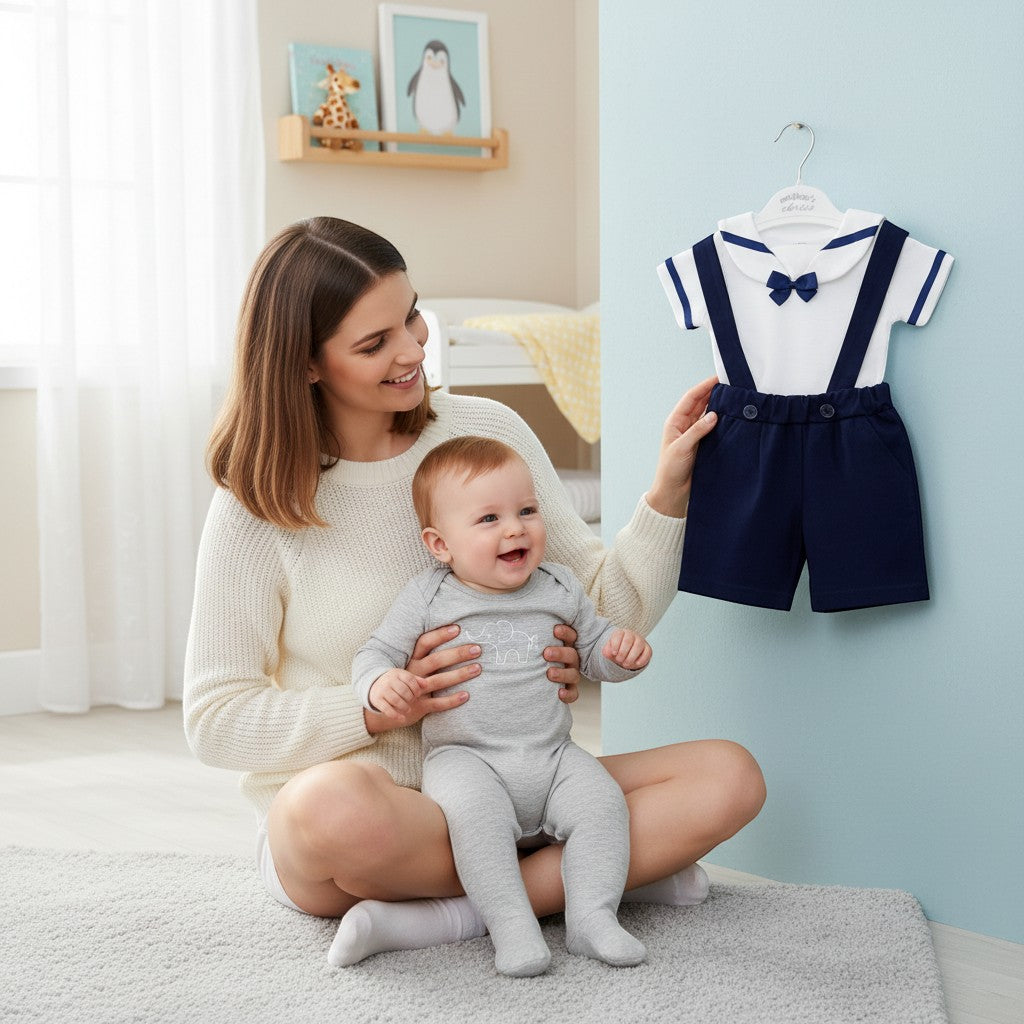 Stork And Baby navy sailor dungaree set for infant boys, featuring white top with blue trim and bow tie, navy shorts with suspenders.