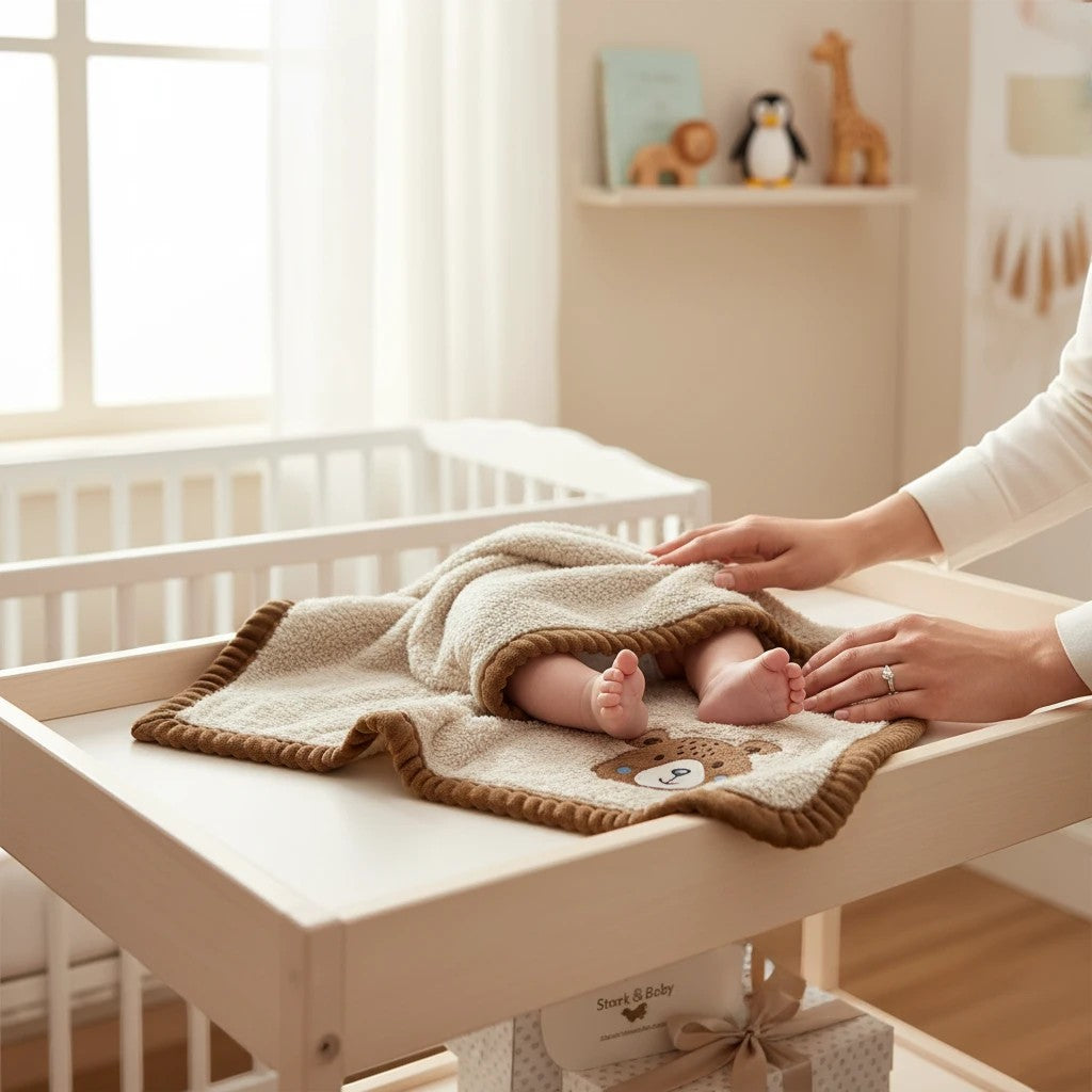 Stork And Baby neutral bear coral fleece baby blanket with brown binding and embroidered face.