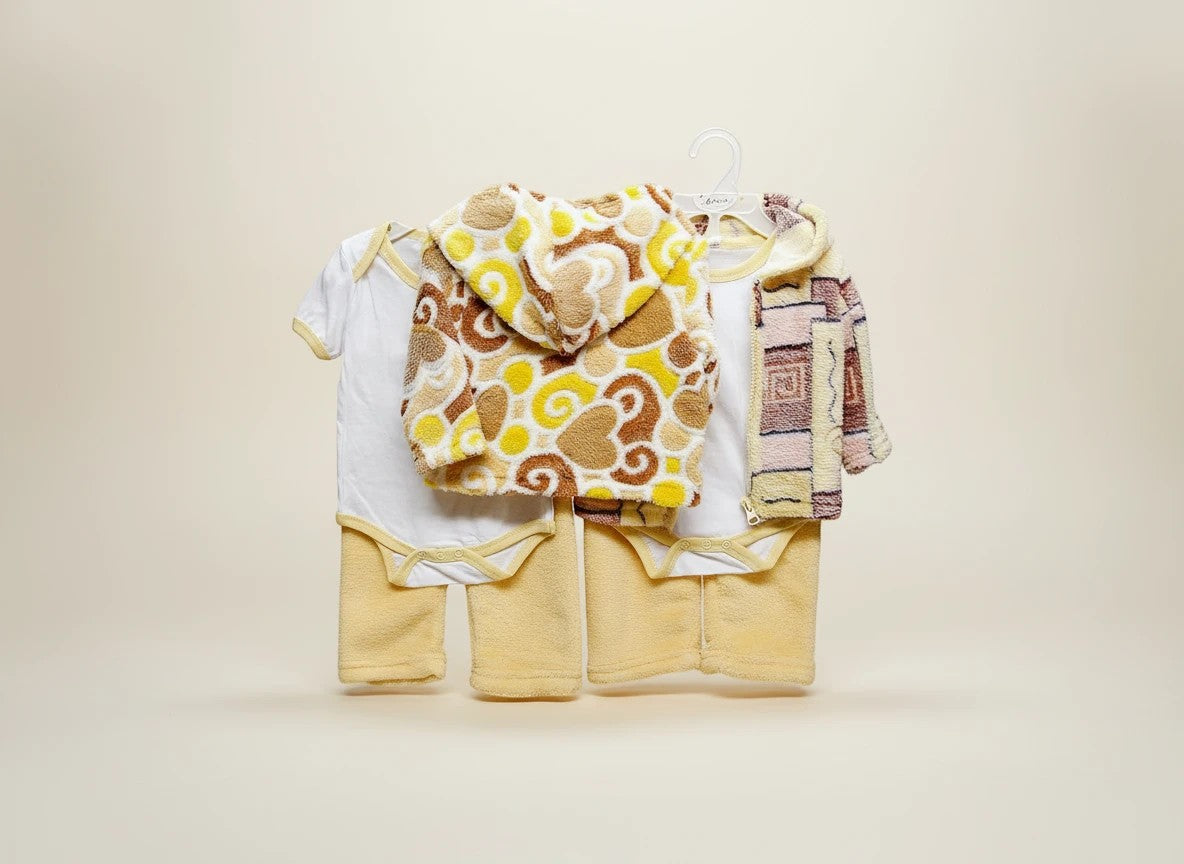 Stork And Baby 3-piece neutral hooded baby outfit set with white bodysuit, yellow pants, and patterned fleece jacket.