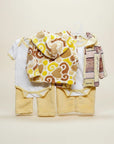 Stork And Baby 3-piece neutral hooded baby outfit set with white bodysuit, yellow pants, and patterned fleece jacket.