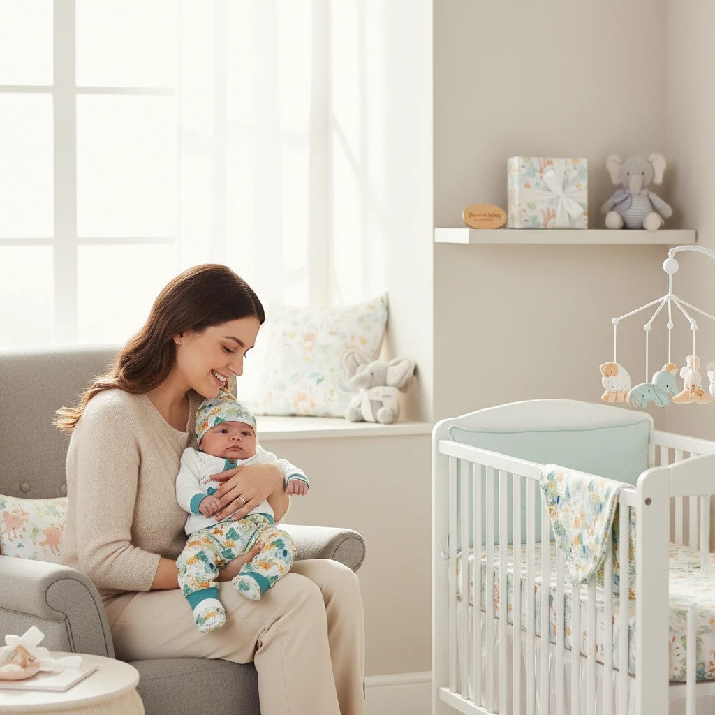 Stork And Baby newborn 5 piece set with a white long-sleeve top and zoo-themed pants and hat.