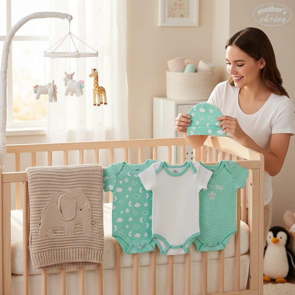 Stork And Baby "So Blessed" 3-piece newborn set with mint green bodysuits, hat, and mittens. Includes elephant blanket.