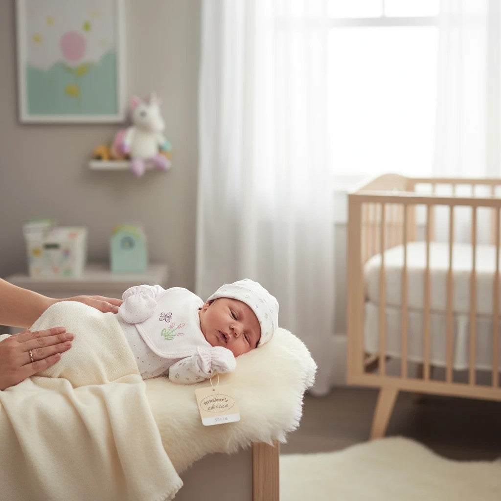 Stork And Baby newborn baby girl in a white floral print outfit and hat sleeping on a fluffy rug next to a crib.