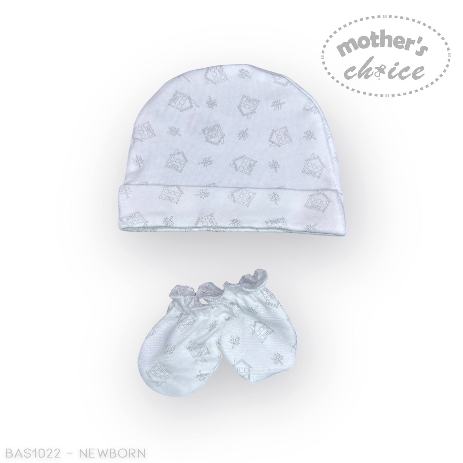 Stork And Baby white cotton newborn hat and mittens set with a subtle house and leaf pattern.