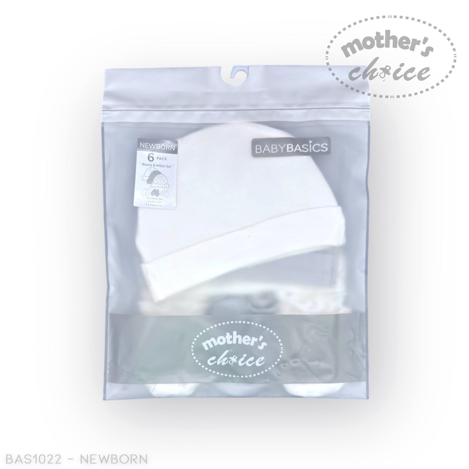 Stork And Baby Mother's Choice 6-pack newborn hats and mittens in white and grey, made from soft cotton for comfort.