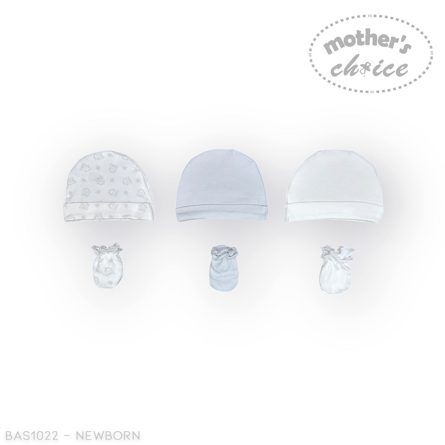 Stork And Baby Mothers Choice 3 pack newborn hats and mittens in white, pale blue, and patterned white.